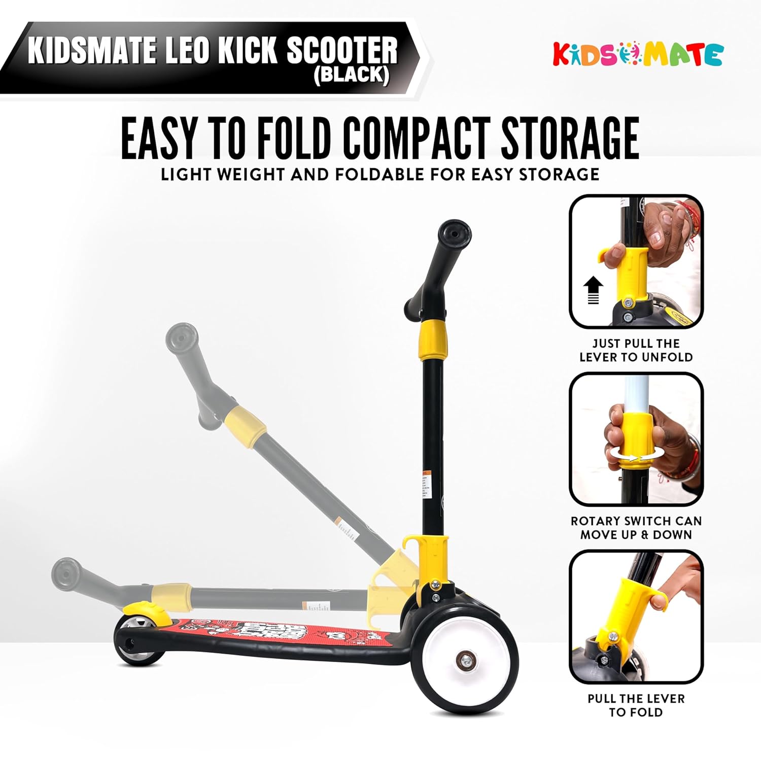 Kidsmate Leo Kick Scooter in black, designed for kids with 3 adjustable height settings, broad PVC wheels, and a reliable rare brake. Its foldable design makes storage and transport easy."
